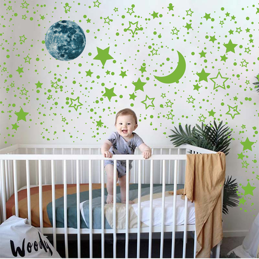 lvfan 30cm luminous polka dot Hollow star Moon cartoon fluorescent sticker children's room self-adhesive waterproof wall st