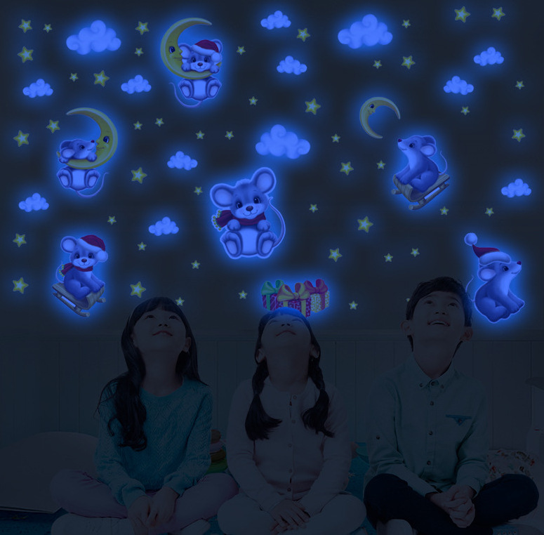 lvfan YGP037 Blue luminous Moon Mouse stars Cloud Santa hat cartoon animal fluorescent children's room wall stickers