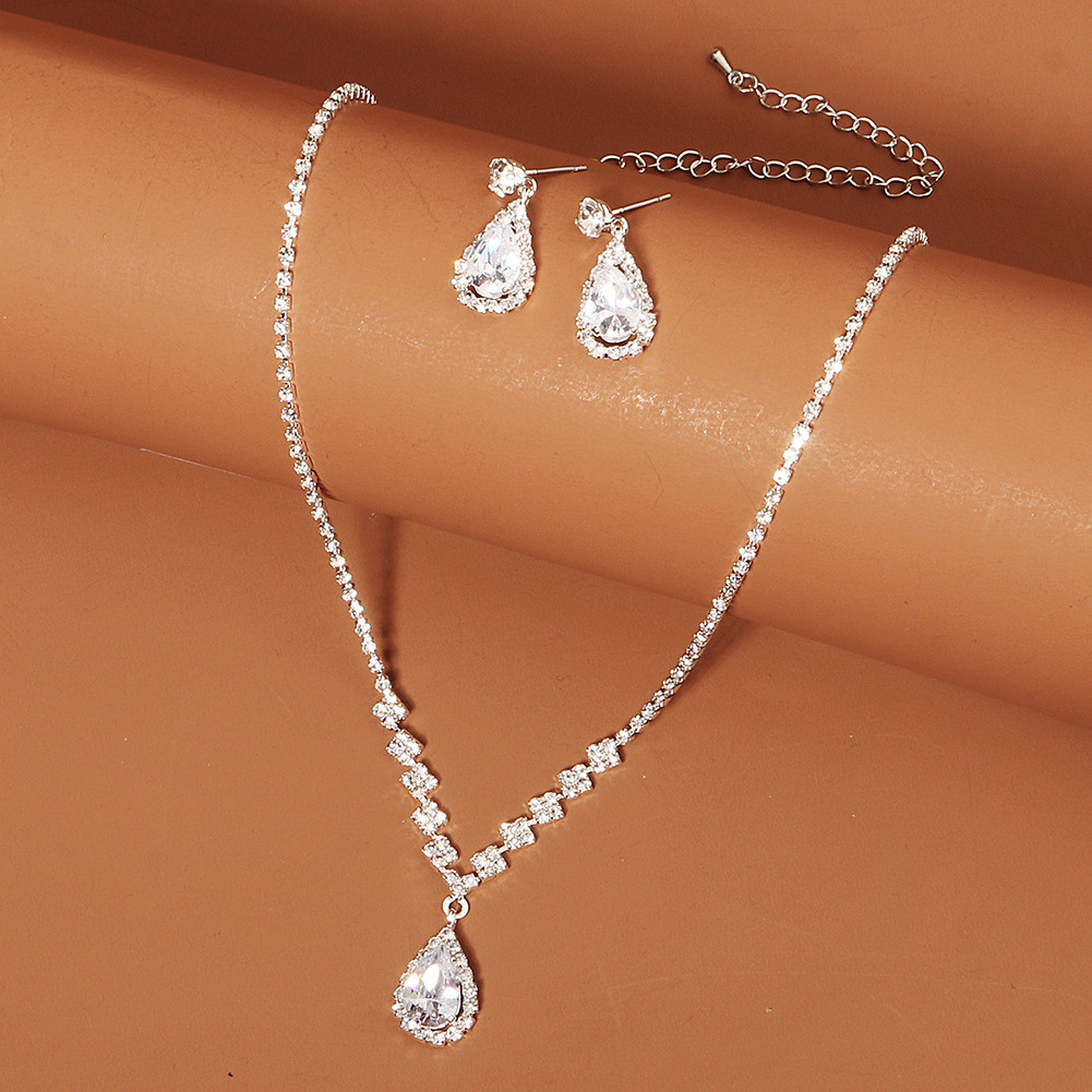 huanhuan full drop earrings evening gown chain accessory zircon small square bride wedding necklace set