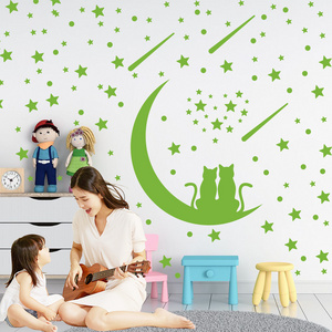 lvfan 3645 Couple cats with Moon stars polka dot Meteor fluorescent stickers Valentine's Day cartoon glow-in-the-dark wall stick