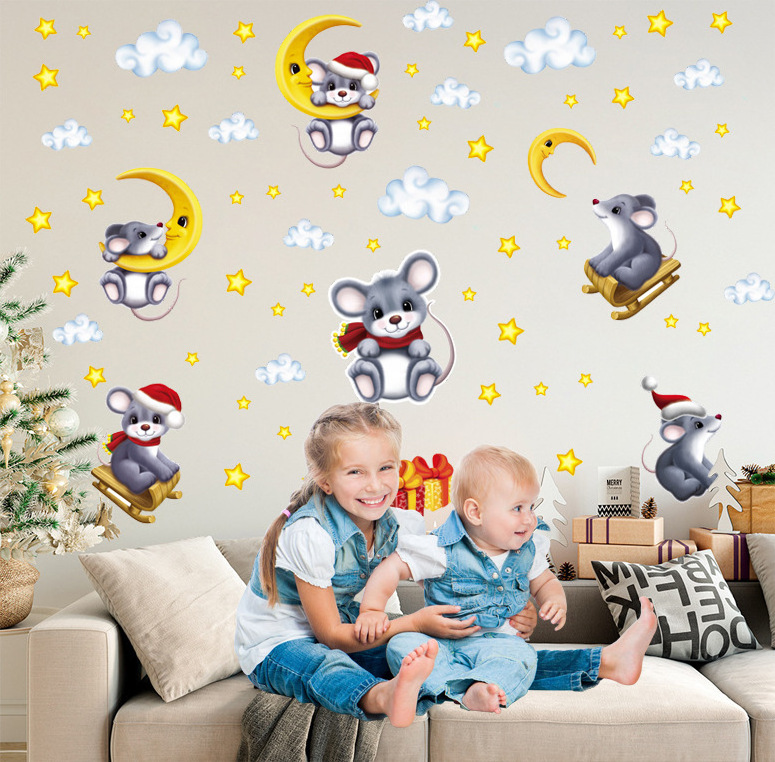 lvfan YGP037 Blue luminous Moon Mouse stars Cloud Santa hat cartoon animal fluorescent children's room wall stickers