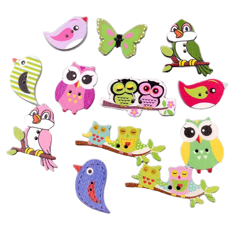 Owl birds and other painted mixed animal wood buttons DIY children's hand-decorated button 50