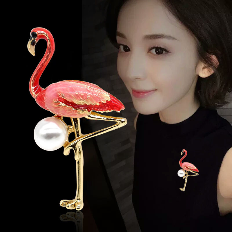 Fashion Drop Oil Brooch Women high-grade pearl enamel Flamingos garment pin animal corsage wholesale