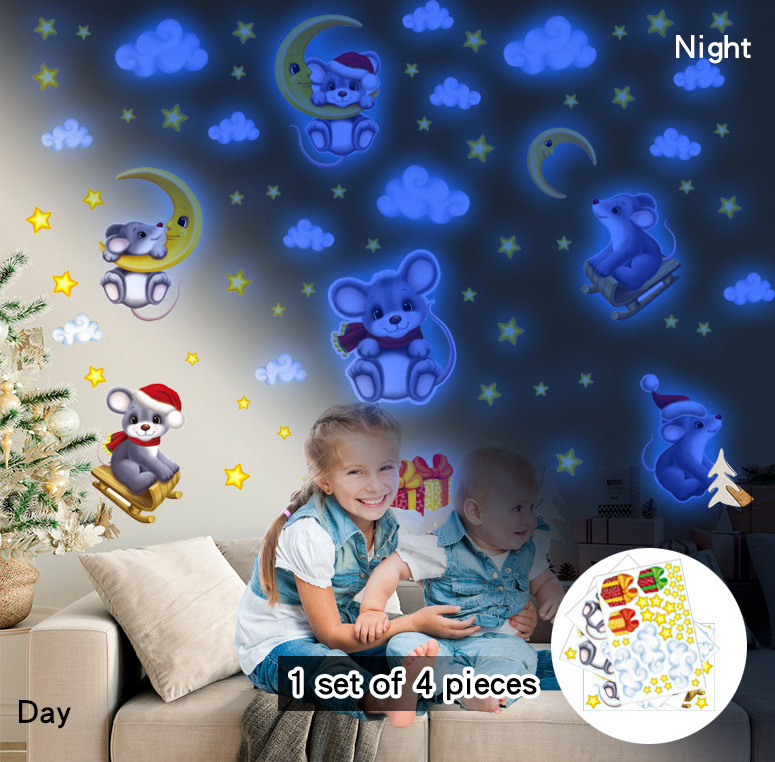 lvfan YGP037 Blue luminous Moon Mouse stars Cloud Santa hat cartoon animal fluorescent children's room wall stickers