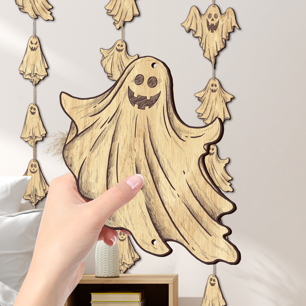 lvfan MZ078 Cross Border three-dimensional Halloween Ghost wooden pendant Holiday party porch wall hanging decoration