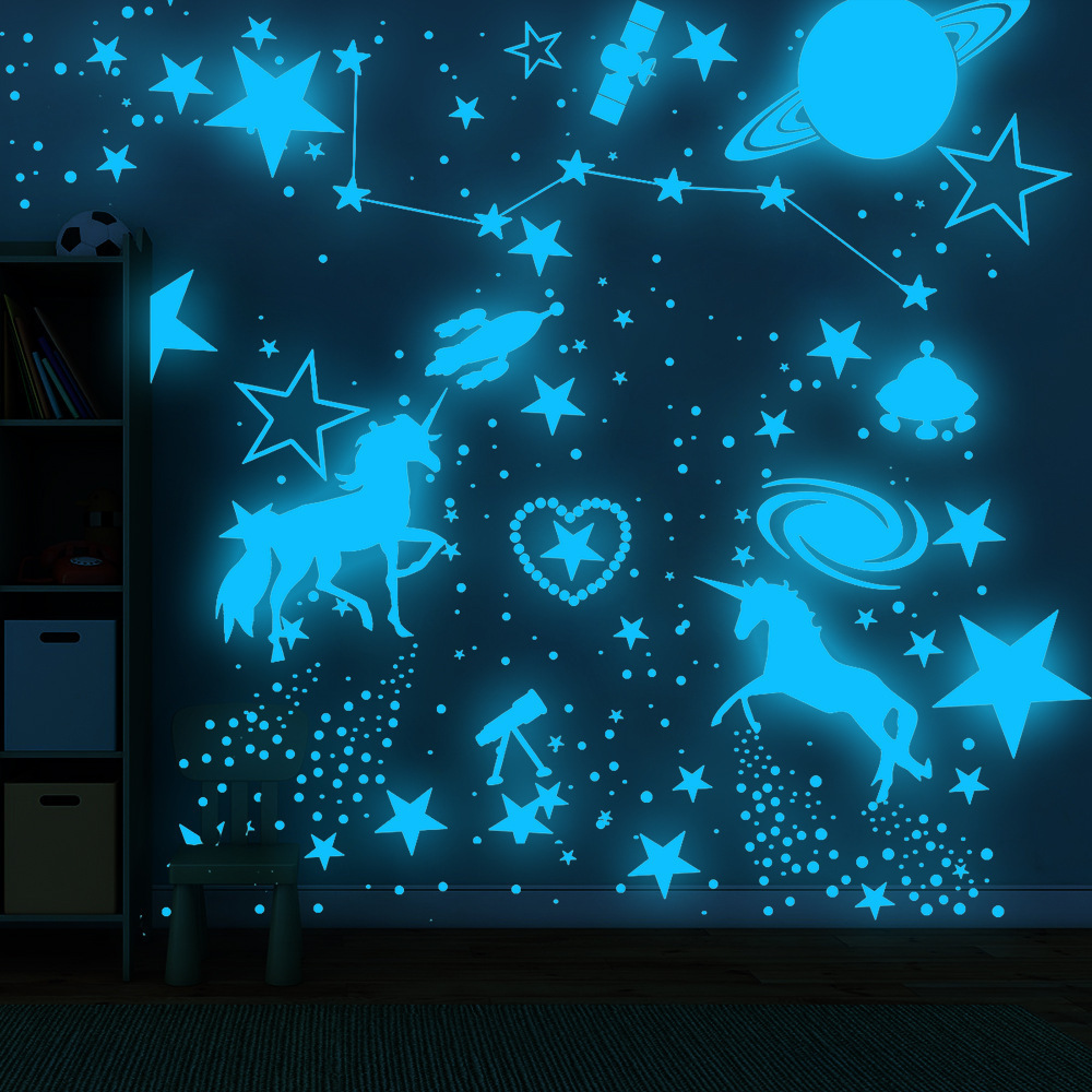 lvfan 898pcs combination Blue Luminescent Star polka dot Spaceship fluorescent wall sticker