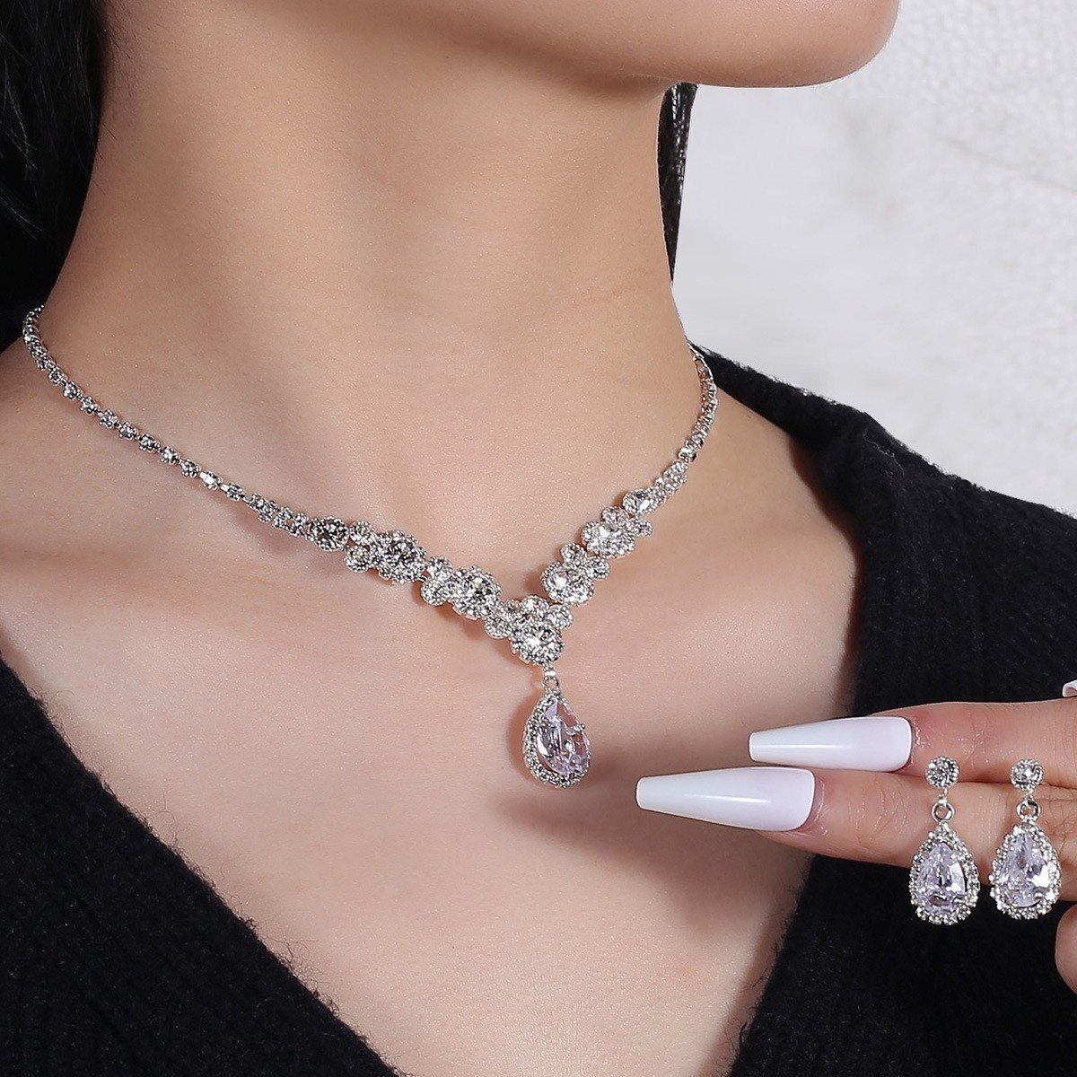 Fashion light luxury zircon necklace earrings set bride wedding yarn evening dress accessories dinner party