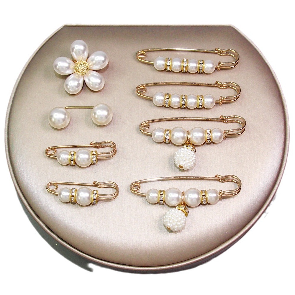 Brooch 8-piece set neckline anti-slip pearl pin fixed clothing women's collar cardigan accessories