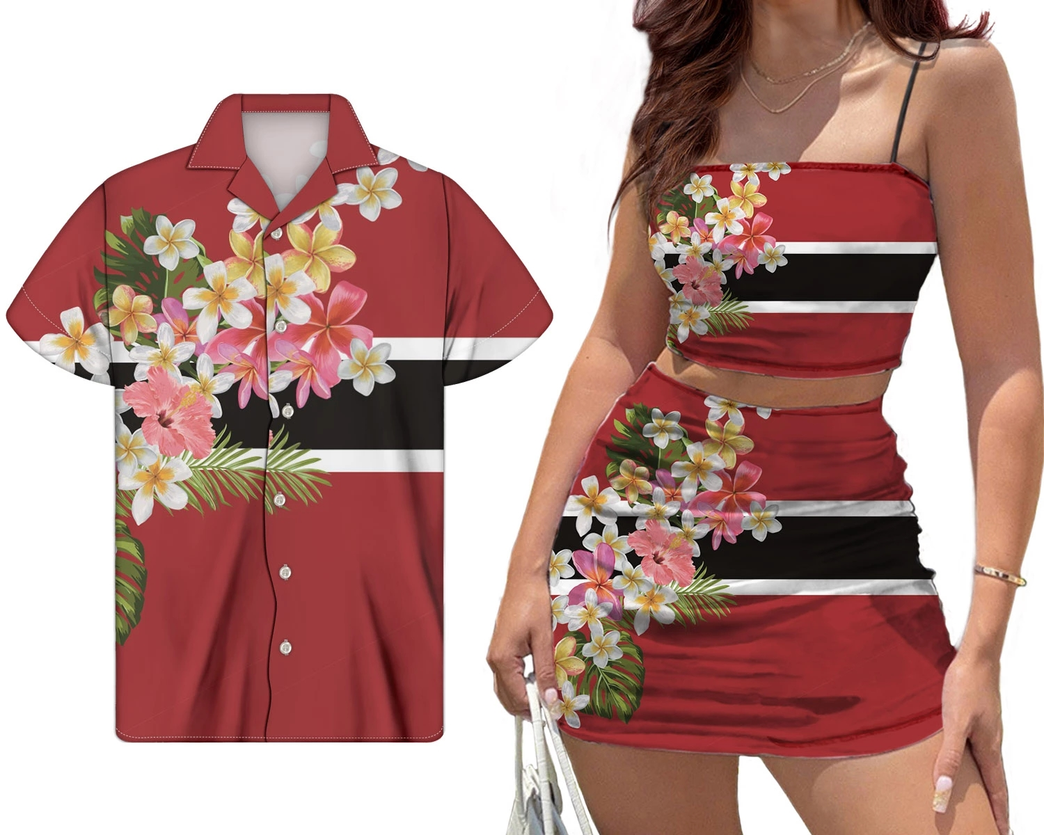 Polynesian Hibiscus Plumeria Floral Marshall Islands Custom Print 2Pcs Set Outfits Mini Skirts for Women Match Men Shirt Couple