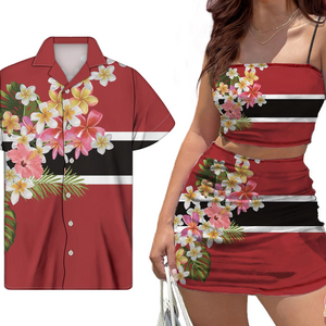 Polynesian Hibiscus Plumeria Floral Marshall Islands Custom Print 2Pcs Set Outfits Mini Skirts for Women Match Men Shirt Couple