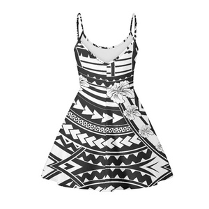 Black White Tribal High Quality Custom Hawaiian Women's V Neck Floral Spaghetti Strap Sundress Casual Summer Party Swing Dress