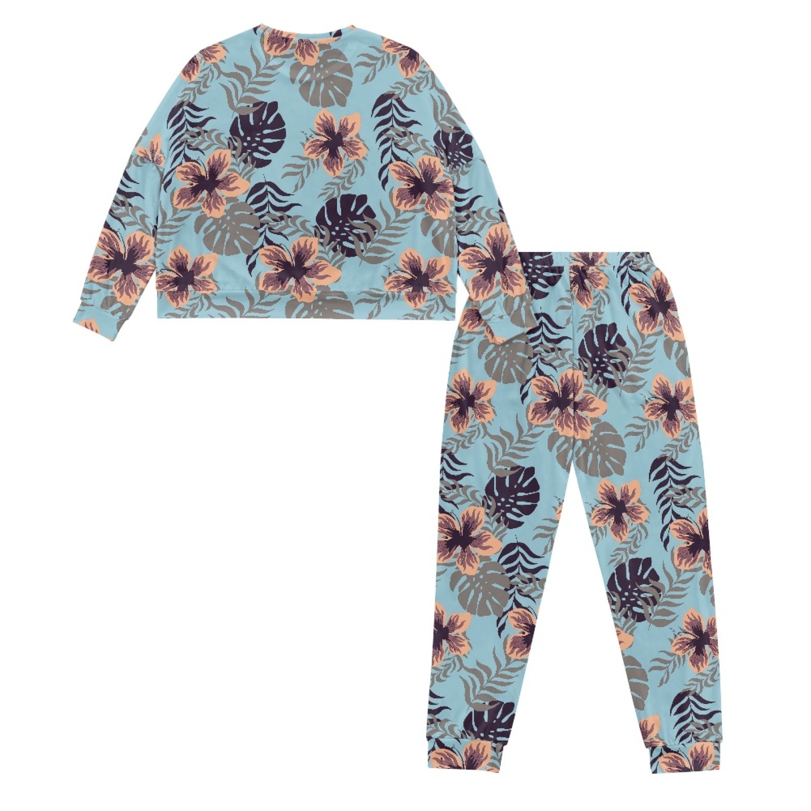 Full Monster Leaf and Flowers Printing Essentials 2 Pieces Lounge Set Women's Pajama Set Super-Soft Long Sleeve Top With Pants