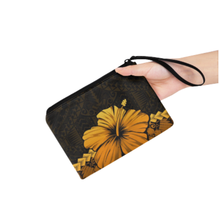 Cheap Wholesale Coin Purses Polyester Canvas Polynesian Hawaiian Leaf Pattern Gift Bag for Small Business Logo Custom Coin Purse