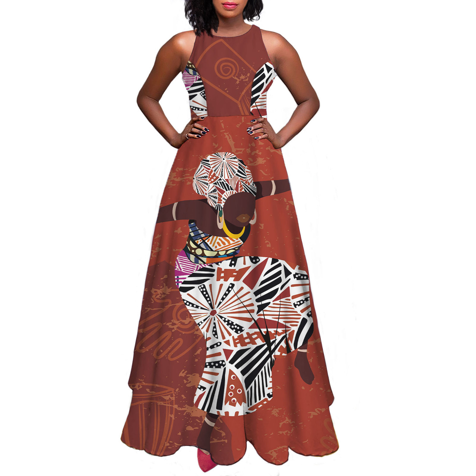 2021 women digital print african kitenge dress designs fashion round neck sleeveless summer dress african women dresses custom