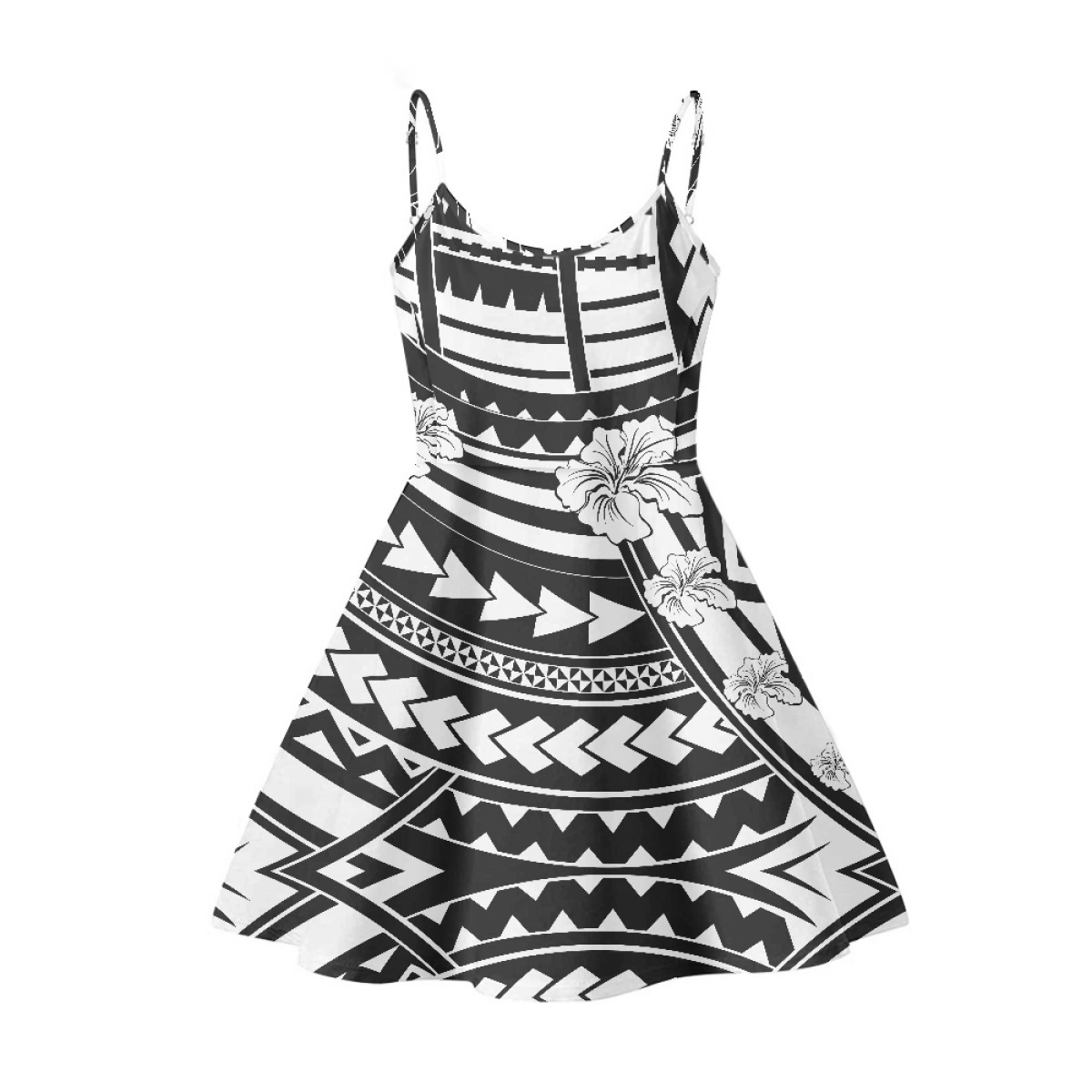 Black White Tribal High Quality Custom Hawaiian Women's V Neck Floral Spaghetti Strap Sundress Casual Summer Party Swing Dress