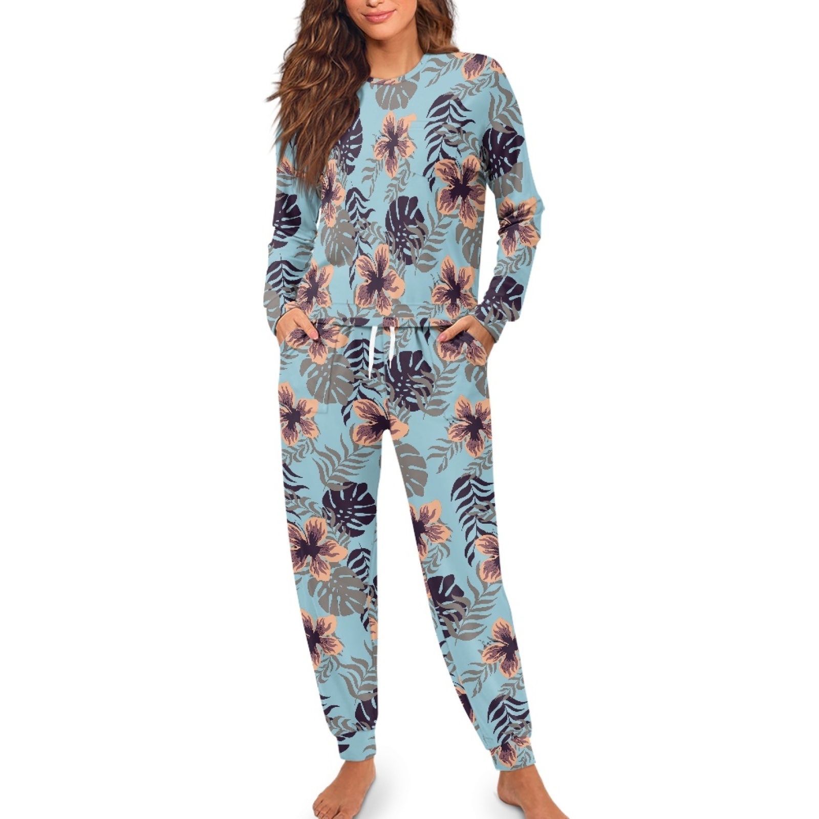 Full Monster Leaf and Flowers Printing Essentials 2 Pieces Lounge Set Women's Pajama Set Super-Soft Long Sleeve Top With Pants