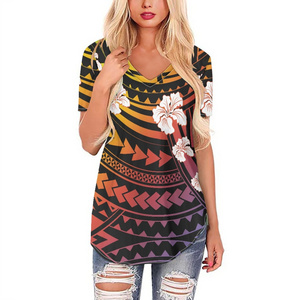 1 MOQ Dropship Custom Design Women's Short Sleeve Tops Full Printing Summer Hawaiian Tribal Print Casual Loose Blouses T Shirts