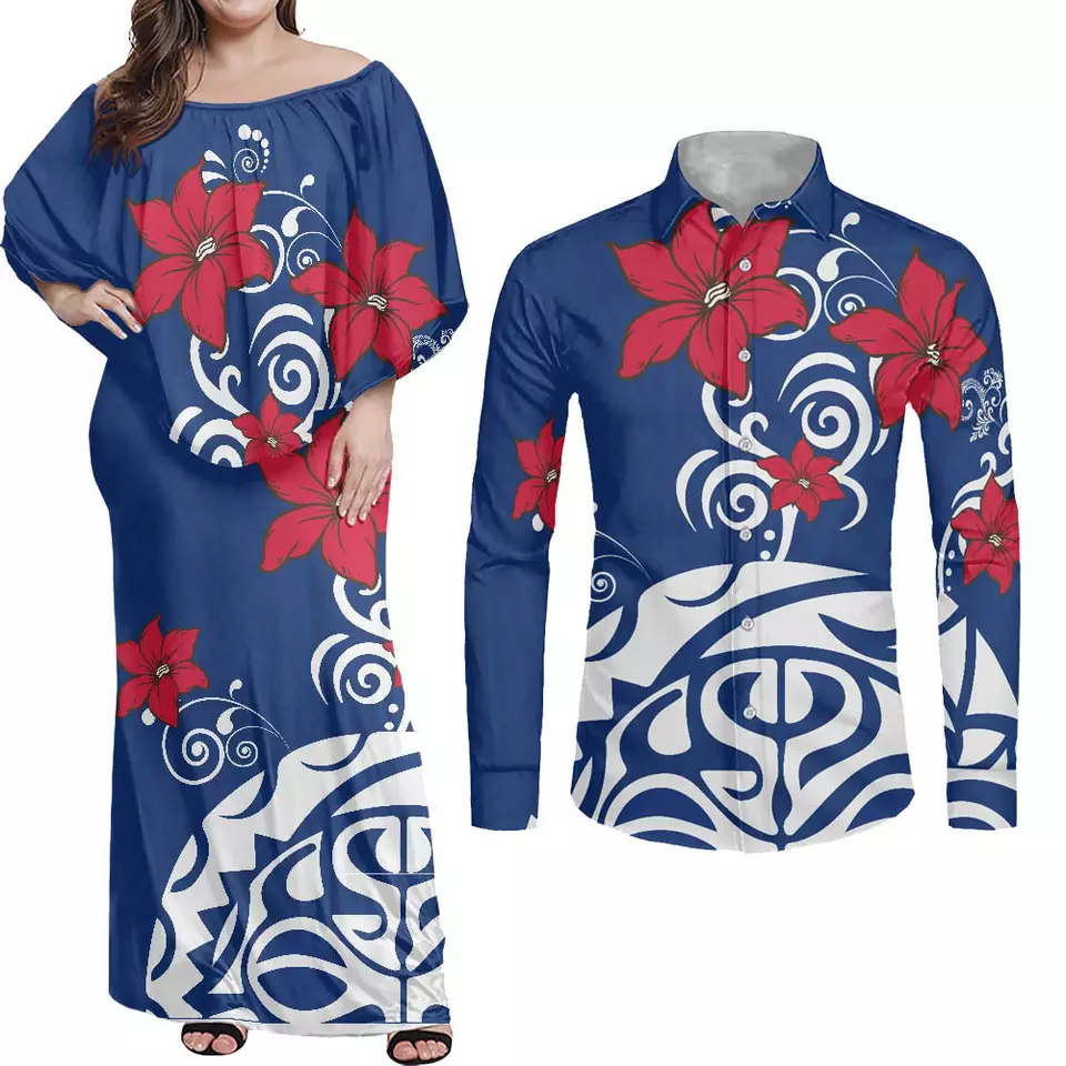 Custom Blue Red Hibiscus Tapa Flower Long Dresses Women Aloha Shirt For Men Polynesian Fiji Samoan Printed Couple Clothes Set