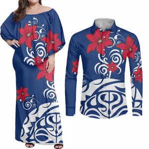 Custom Blue Red Hibiscus Tapa Flower Long Dresses Women Aloha Shirt For Men Polynesian Fiji Samoan Printed Couple Clothes Set