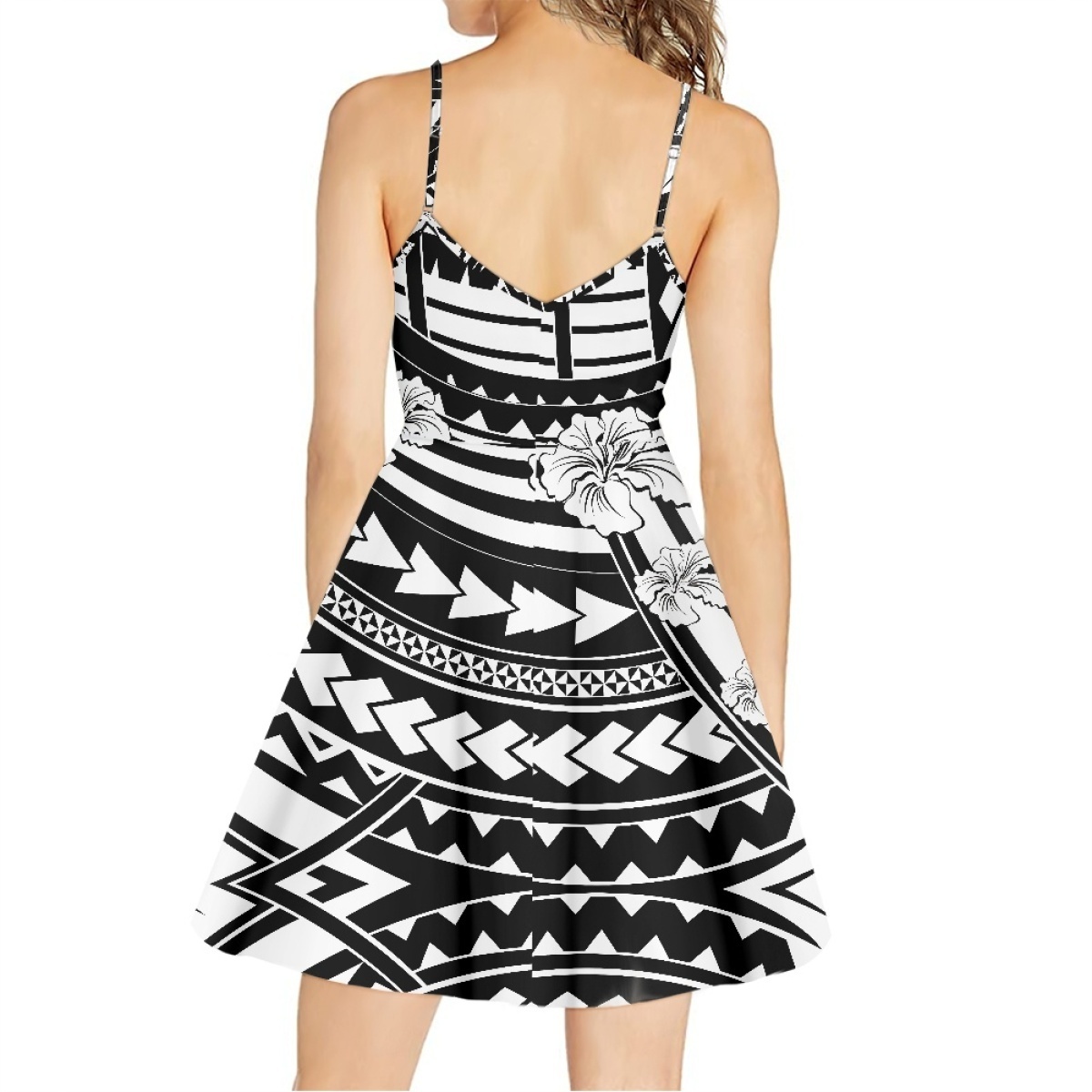 Black White Tribal High Quality Custom Hawaiian Women's V Neck Floral Spaghetti Strap Sundress Casual Summer Party Swing Dress