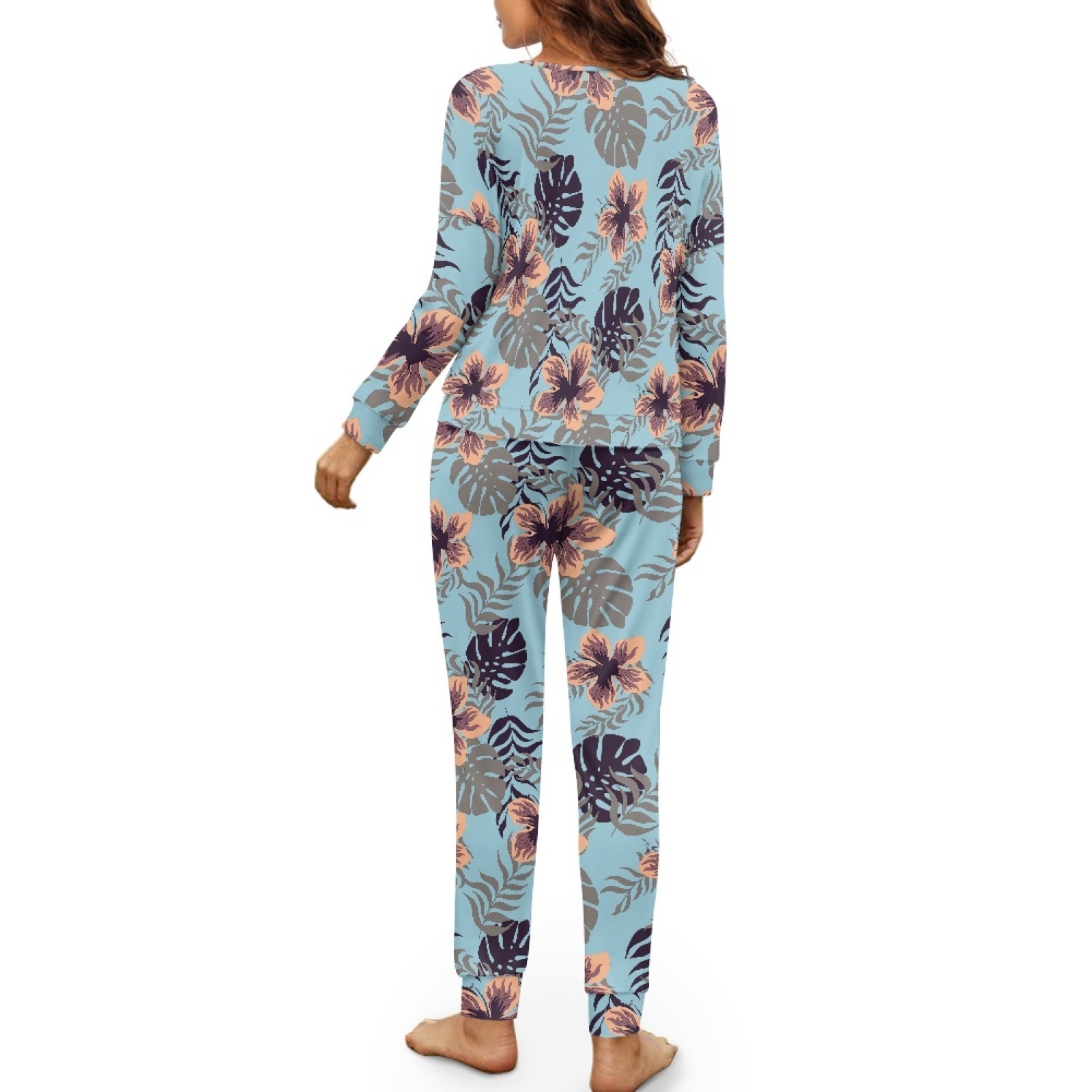 Full Monster Leaf and Flowers Printing Essentials 2 Pieces Lounge Set Women's Pajama Set Super-Soft Long Sleeve Top With Pants