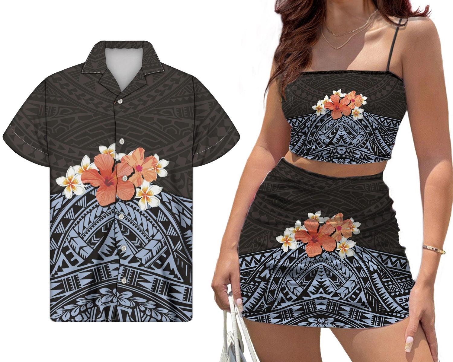 Polynesian Hibiscus Plumeria Floral Marshall Islands Custom Print 2Pcs Set Outfits Mini Skirts for Women Match Men Shirt Couple