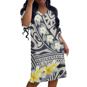 Wholesale Polynesian tribal clothing big size women casual dress custom design full print dress yellow hibiscus dress plus size