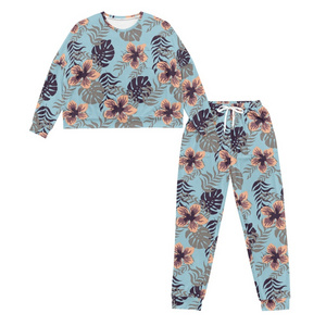 Full Monster Leaf and Flowers Printing Essentials 2 Pieces Lounge Set Women's Pajama Set Super-Soft Long Sleeve Top With Pants