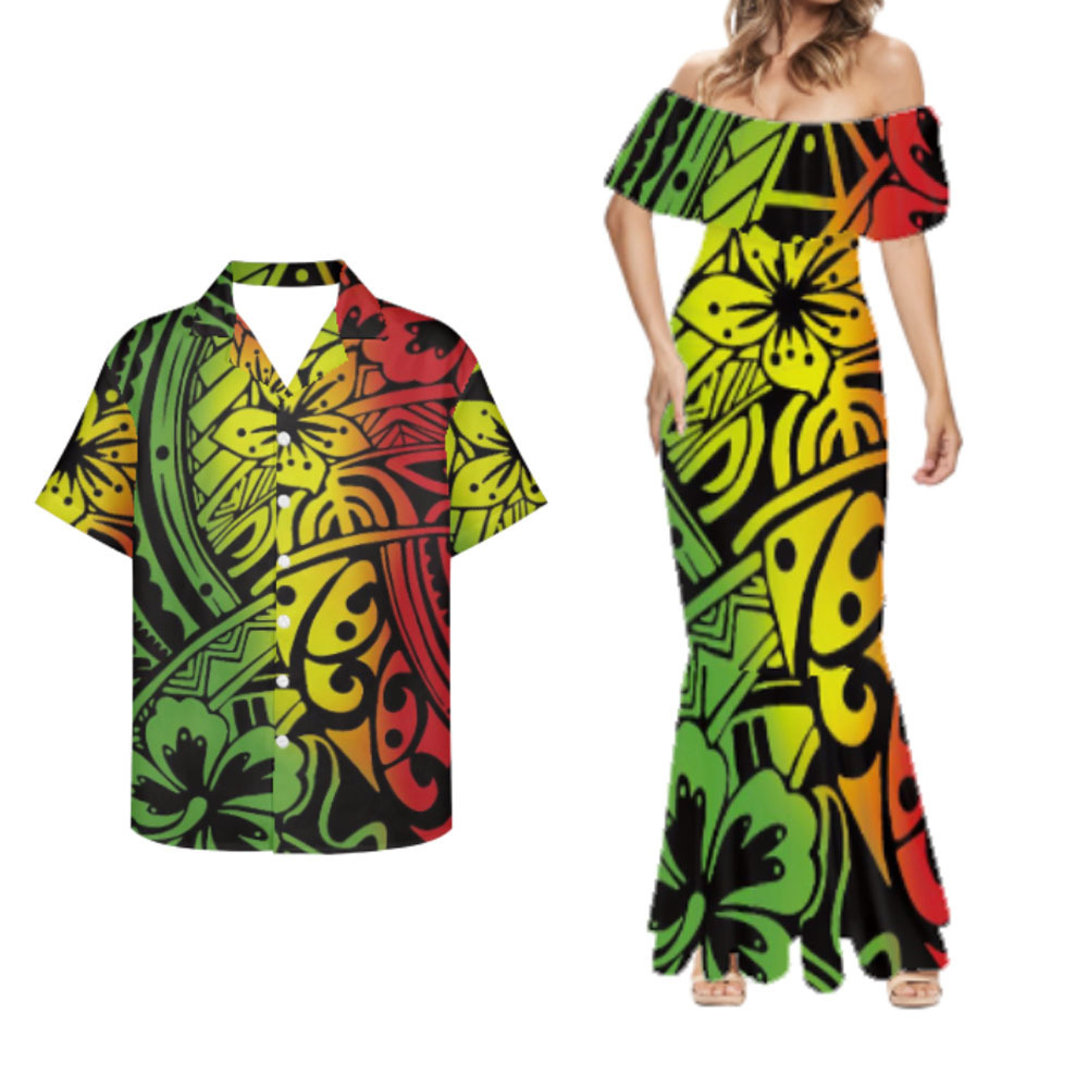 Polynesian tribe hawaiian style strapless green dress islands couple suits ladies short-sleeved prom dresses casual men's shirt