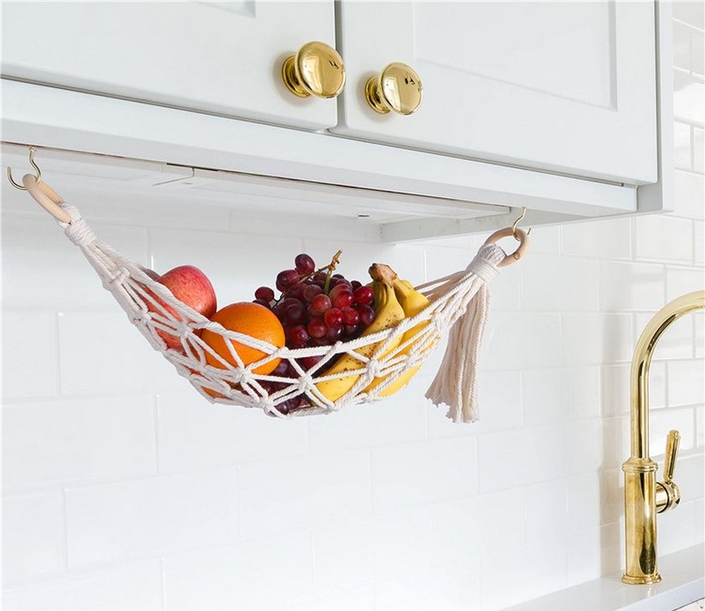 Hanging Fruit Hammock for Kitchen Under Cabinet Macrame Fruit Basket for Bananas Fruit Storage with Hooks for Kitchen