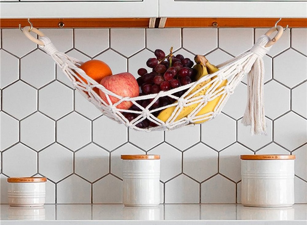 Hanging Fruit Hammock for Kitchen Under Cabinet Macrame Fruit Basket for Bananas Fruit Storage with Hooks for Kitchen