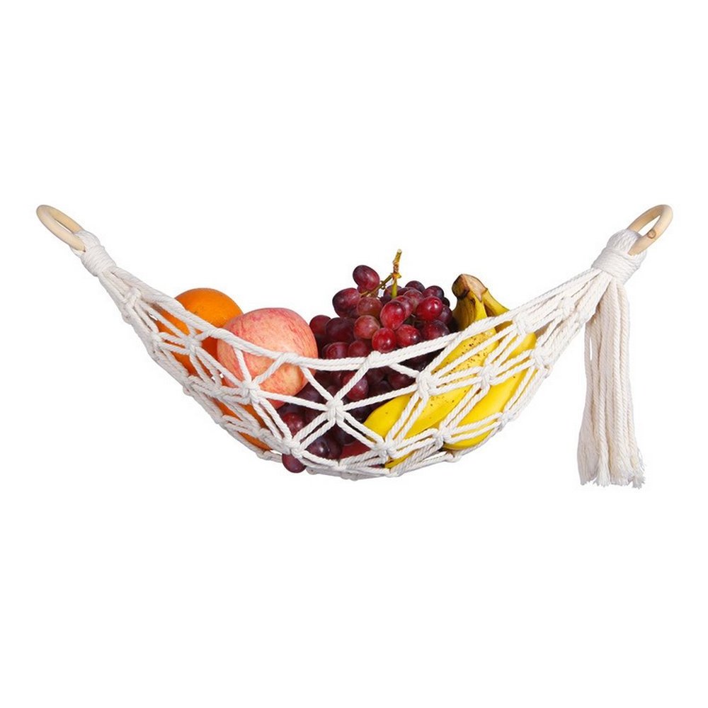 Hanging Fruit Hammock for Kitchen Under Cabinet Macrame Fruit Basket for Bananas Fruit Storage with Hooks for Kitchen