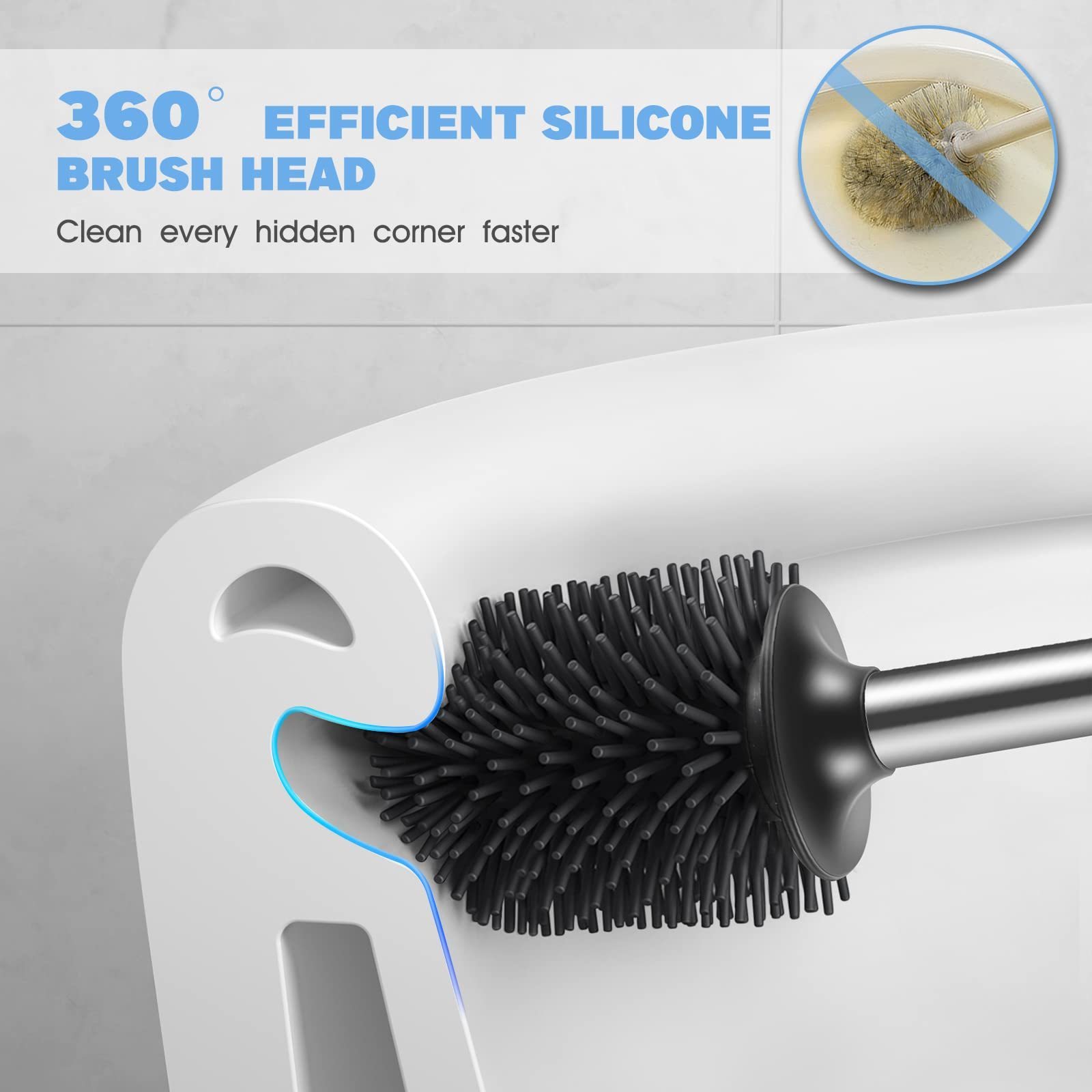 Toilet Bowl Brush Holder Set: Silicone Stainless Steel Deep Cleaning Toilet Cleaner Brush for Bathroom Restroom