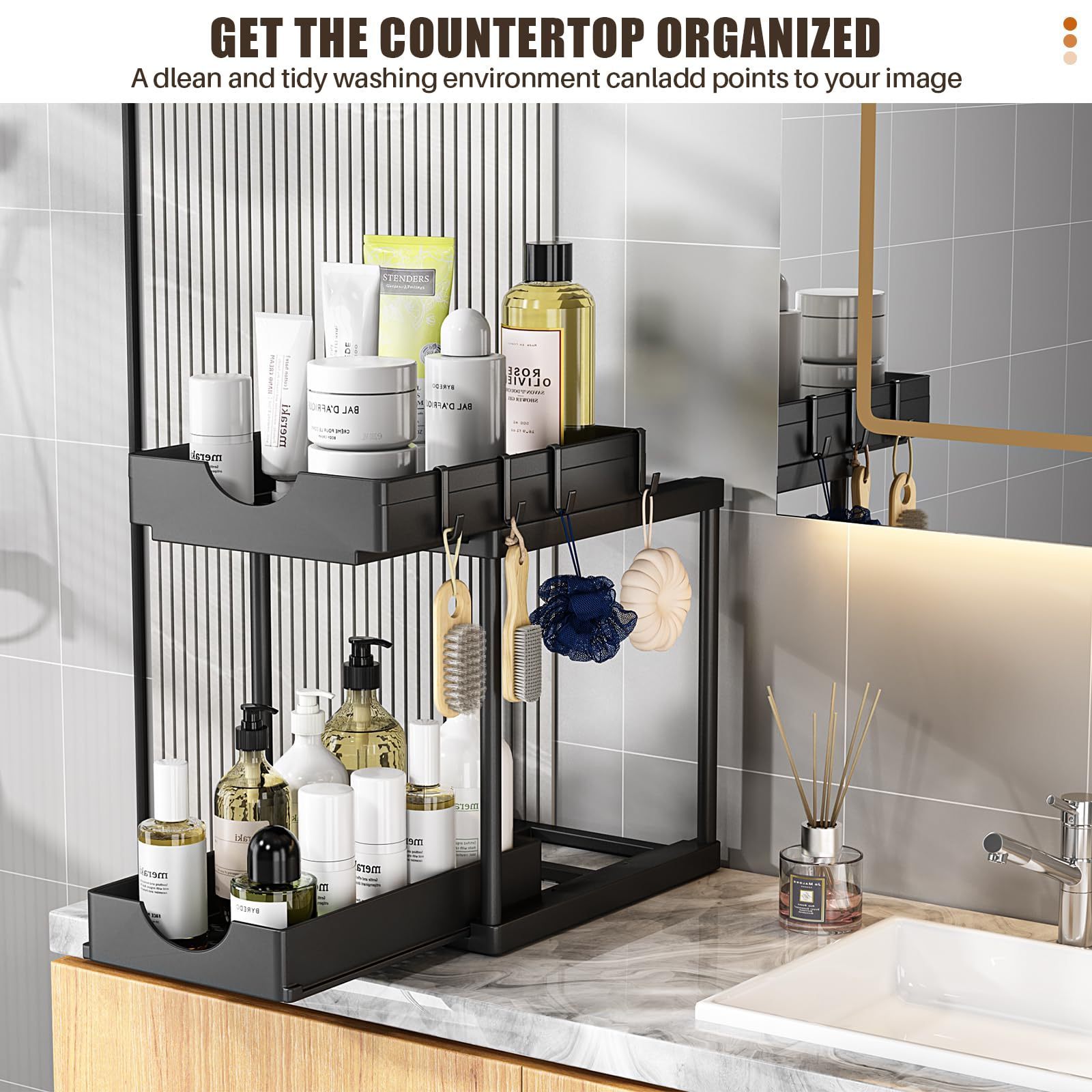 2 Pack Double Sliding Under Sink Organizers and Storage,Two Tier Bathroom Storage and organization Under Cabinet Organizer