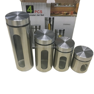 4 Piece Brushed Stainless Steel and Glass Canisters with Window, Silver