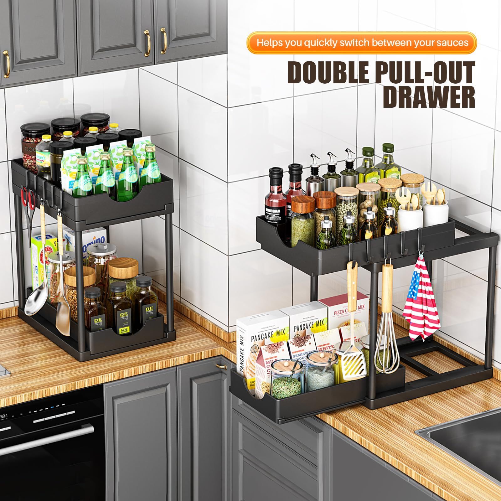 2 Pack Double Sliding Under Sink Organizers and Storage,Two Tier Bathroom Storage and organization Under Cabinet Organizer