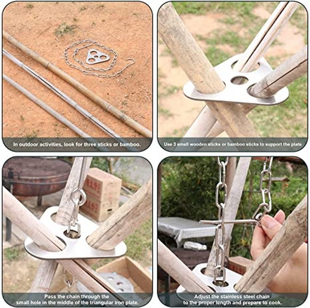 Outdoor Cooking Turn Branches into Campfire Tripod Stainless Steel Campfire Support Plate Adjustable Chain Camping Tripod Board