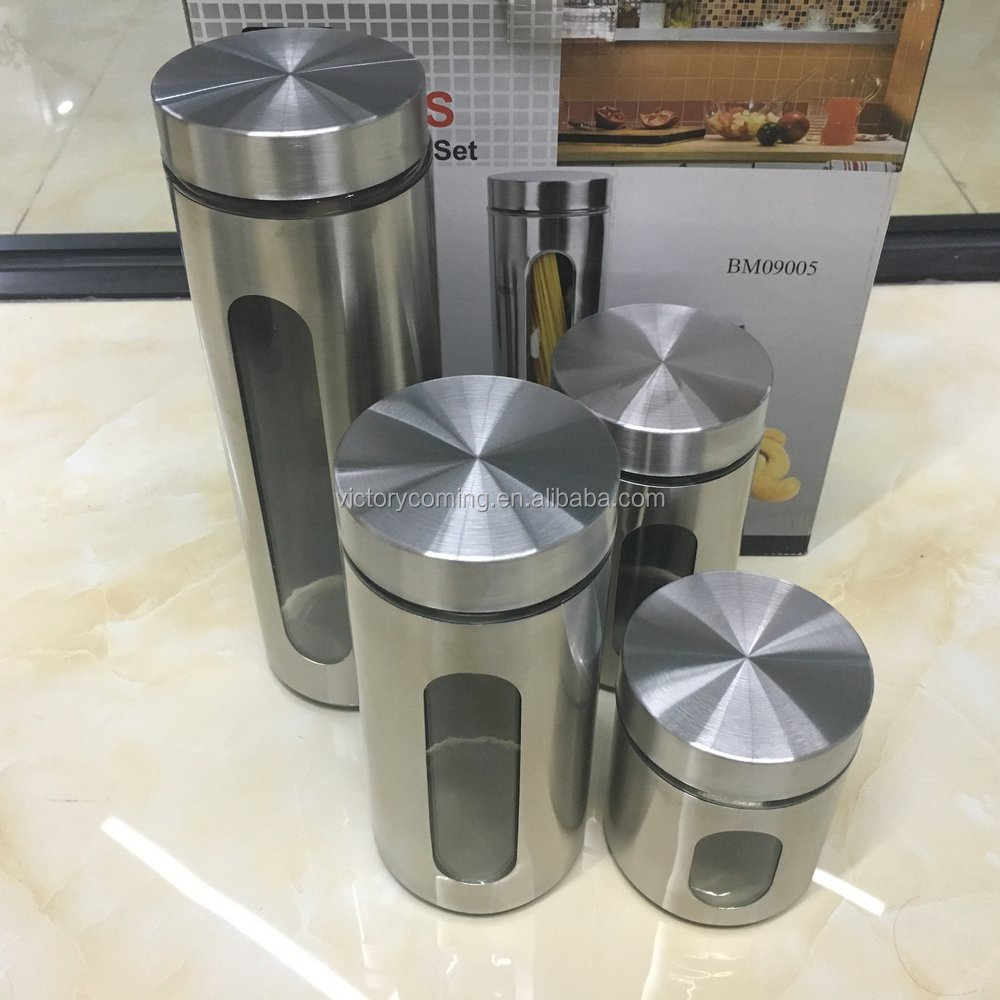 4 Piece Brushed Stainless Steel and Glass Canisters with Window, Silver