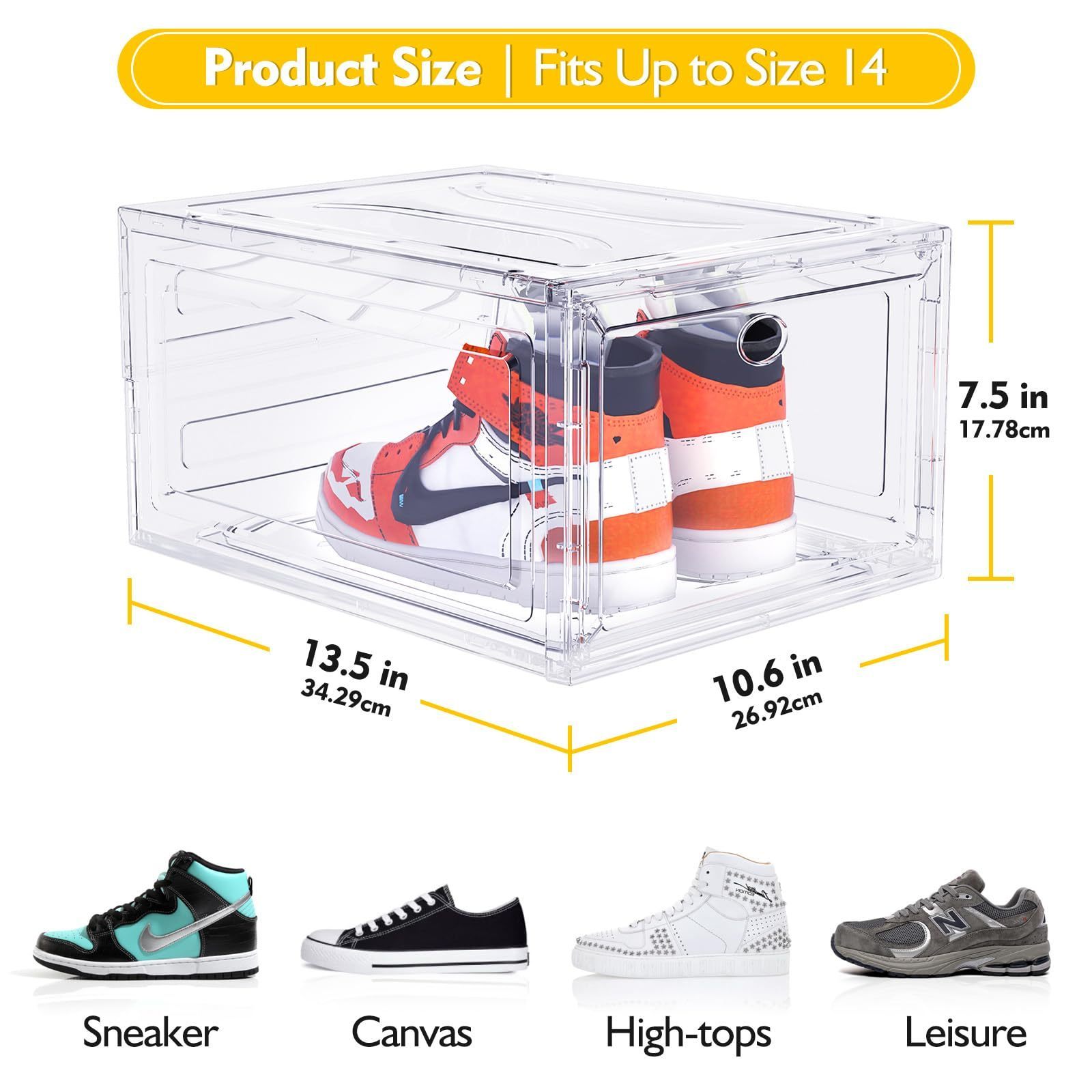 Upgrade Harder Solid Plastic Shoe Organizer with Magnetic Front Door, 6 Pack Shoe Boxes Clear Stackable Sneaker Storage