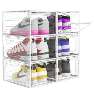 Upgrade Harder Solid Plastic Shoe Organizer with Magnetic Front Door, 6 Pack Shoe Boxes Clear Stackable Sneaker Storage