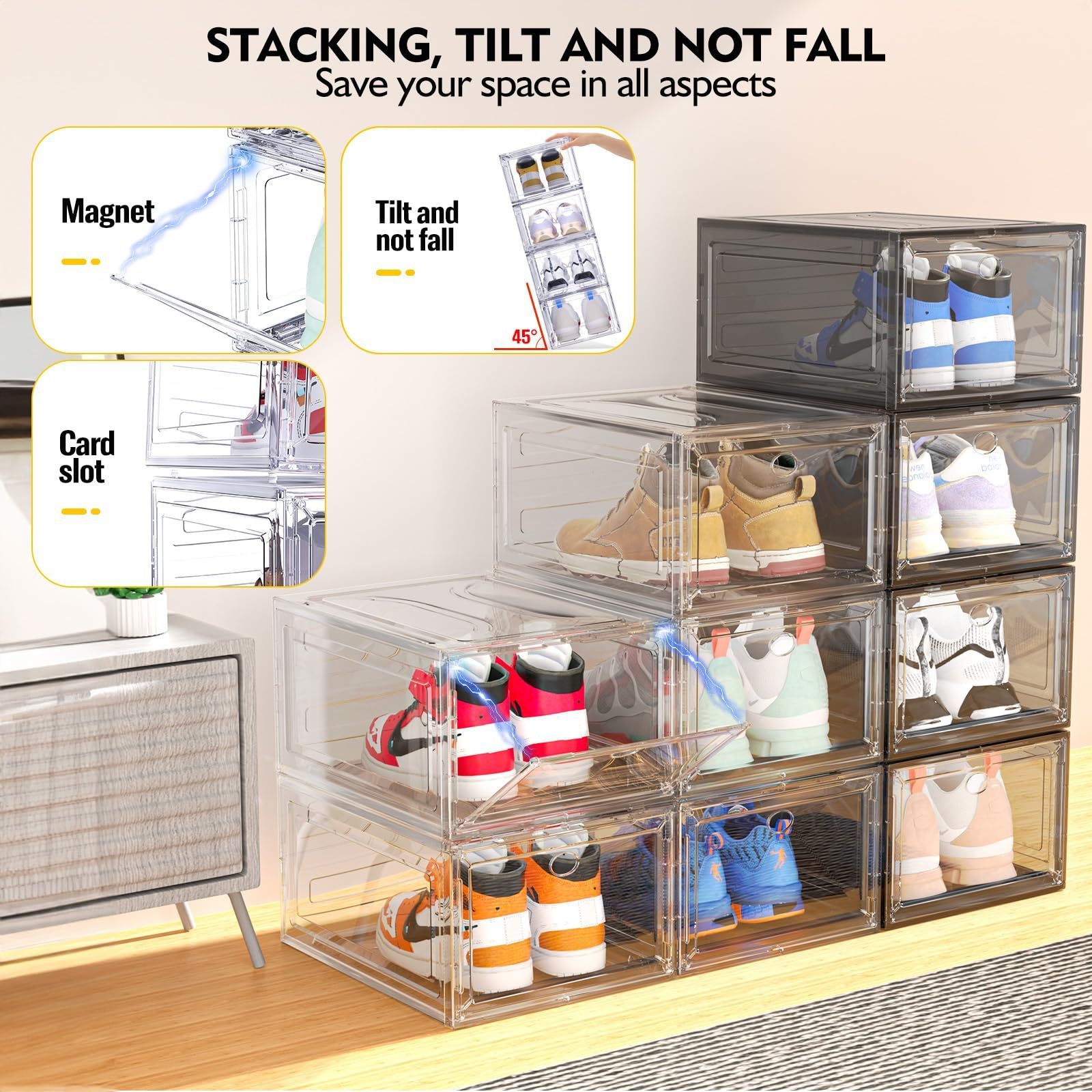 Upgrade Harder Solid Plastic Shoe Organizer with Magnetic Front Door, 6 Pack Shoe Boxes Clear Stackable Sneaker Storage