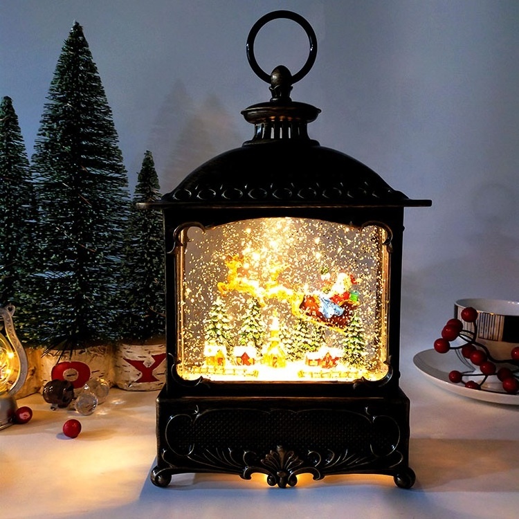 New Product 2023 Resin Home Decor Xmas Village Scene Flying Santa on Sleigh Led Christmas Lantern Light Snow Globe