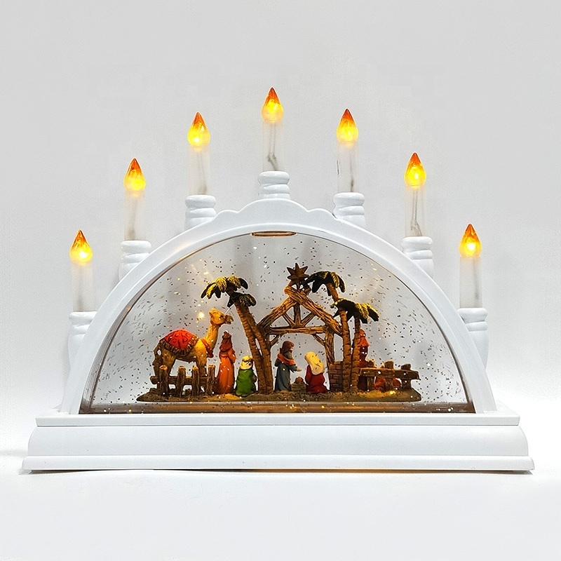 Christmas Supplies Merry Christmas Holy Family Scene Resin Warm White Led Light Up Water Swriling lantern with led candle