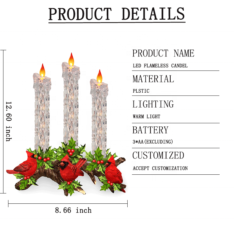 Led Flame Candle Battery Operation Cardinal Night Light Candlestick Christmas Candle Light