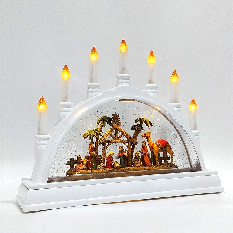 Christmas Supplies Merry Christmas Holy Family Scene Resin Warm White Led Light Up Water Swriling lantern with led candle