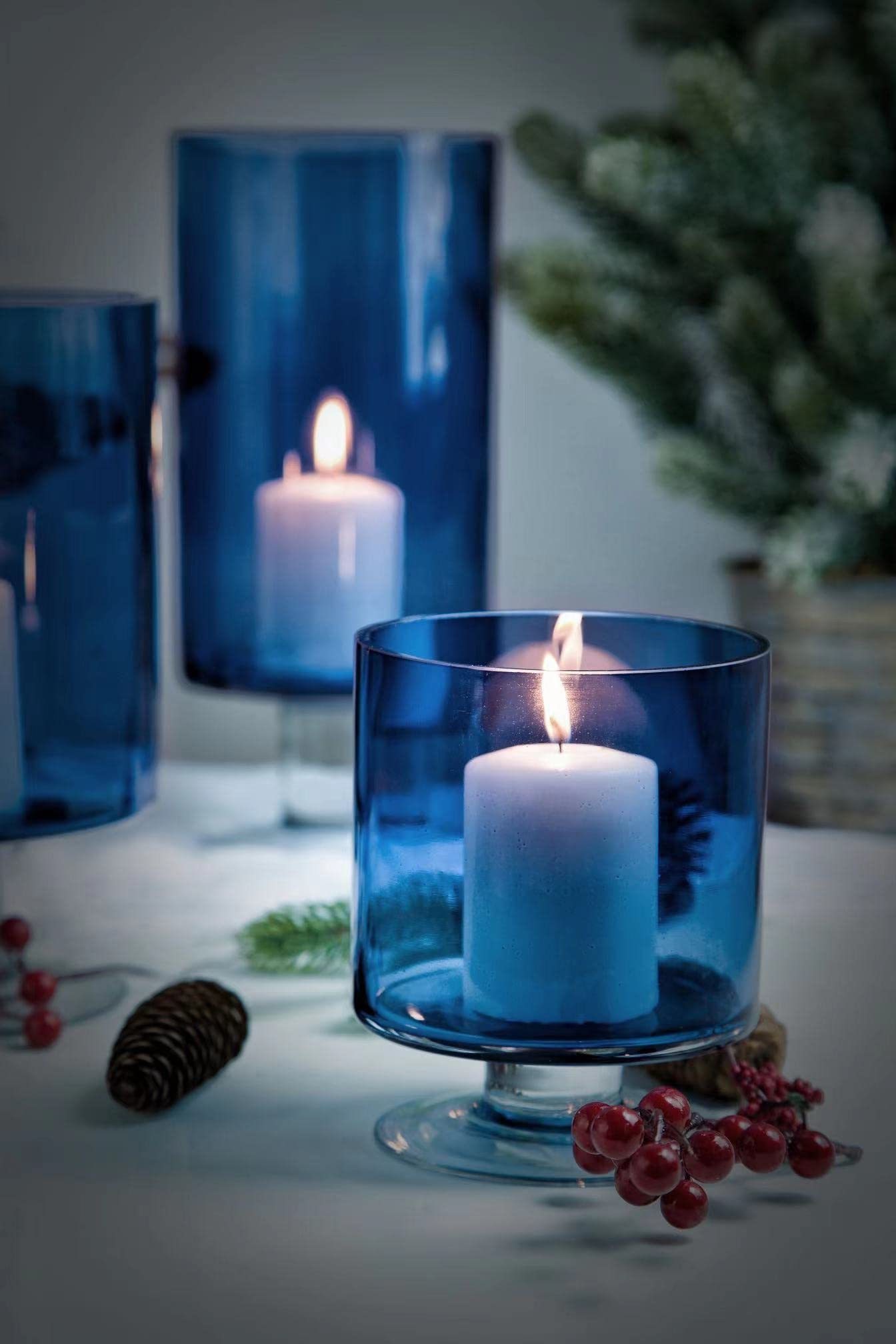 VGT European retro style blue transparent glass candle holder