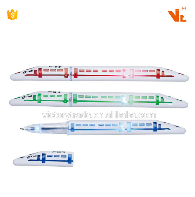 V-TP01  Promotional advertising train shaped plastic disposable ballpoint pen led flashlight ball pen