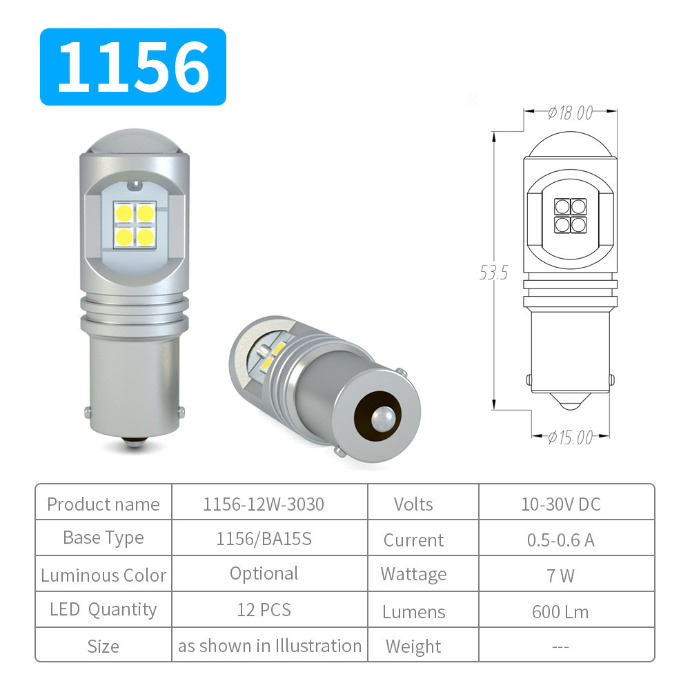 1156 P21W PY21W 7440 Led Car Bulb 3030-12smd Canbus 6000K White Amber Red 10-30V 2400LM Auto  Fog Lamp Reverse Brake Light