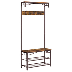 Hallway entryway industrial hat cloth hanger rustic vintage metal wood coat rack stand with shoe storage bench hooks shelf