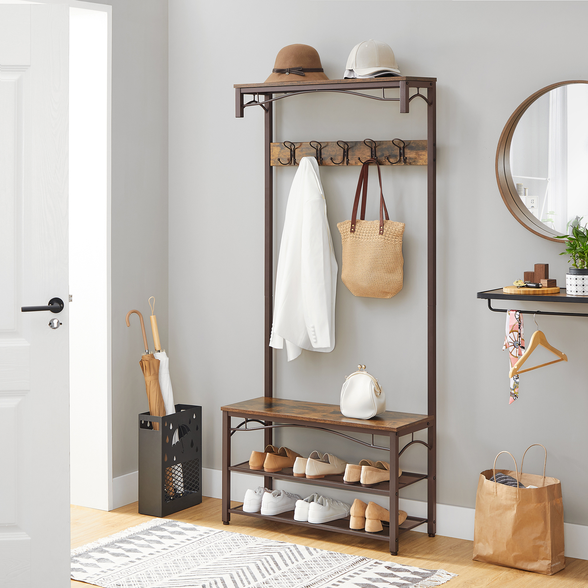 Hallway entryway industrial hat cloth hanger rustic vintage metal wood coat rack stand with shoe storage bench hooks shelf